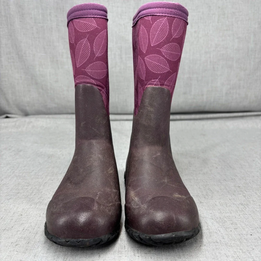 Bogs Kids Rain Boots Purple Leaf Print Burgundy Waterproof Insulated Size 12
